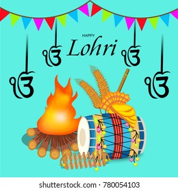 Vector illustration of a banner for Happy Lohri With Punjabi Message Lohri di lakh lakh vadhaiyan meaning Happy wishes for Happy Lohri.
