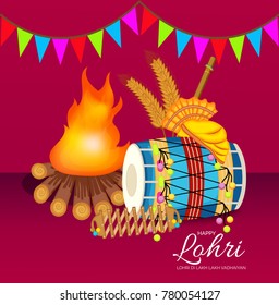 Vector illustration of a banner for Happy Lohri With Punjabi Message Lohri di lakh lakh vadhaiyan meaning Happy wishes for Happy Lohri.
