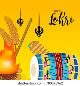 Vector illustration of a banner for Happy Lohri With Punjabi Message Lohri di lakh lakh vadhaiyan meaning Happy wishes for Happy Lohri.
