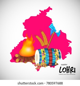 Vector illustration of a banner for Happy Lohri With Punjabi Message Lohri di lakh lakh vadhaiyan meaning Happy wishes for Happy Lohri.