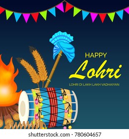 Vector illustration of a banner for Happy Lohri With Punjabi Message Lohri di lakh lakh vadhaiyan meaning Happy wishes for Happy Lohri.