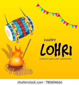 Vector illustration of a banner for Happy Lohri With Punjabi Message Lohri di lakh lakh vadhaiyan meaning Happy wishes for Happy Lohri.