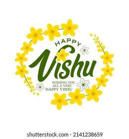 Vector illustration of a Banner for Happy Vishu Typography Design On Traditional Background with Kani konna flower, Vishu is South indian festival