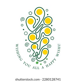 Ilustración vectorial de un cartel para el diseño de la tipografía de Happy Vishu en el fondo tradicional con la flor Kani konna, Vishu es el festival del sur de India