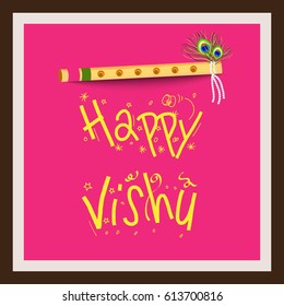 Vector illustration of a Banner for Happy Vishu Typography Design On Traditional Background with Flute.