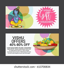 Vector illustration of a Banner for Happy Vishu with Traditional Pot fill with Fruits and Vegetables.