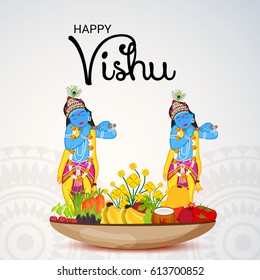 Vector illustration of a Banner for Happy Vishu with Traditional Pot fill with Fruits and Vegetables.