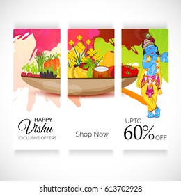 Vector illustration of a Banner for Happy Vishu with Traditional Pot fill with Fruits and Vegetables.