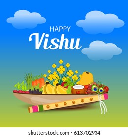 Vector illustration of a Banner for Happy Vishu with Traditional Pot fill with Fruits and Vegetables.