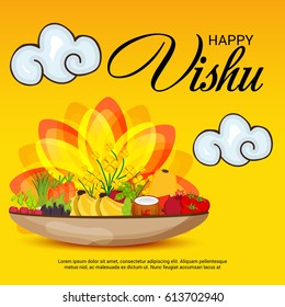 Vector illustration of a Banner for Happy Vishu with Traditional Pot fill with Fruits and Vegetables.