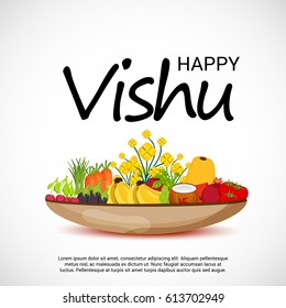 Vector illustration of a Banner for Happy Vishu with Traditional Pot fill with Fruits and Vegetables.