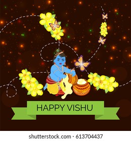 Vector illustration of a Banner for Happy Vishu Typography Design On Traditional Background.