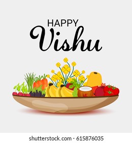 Vector illustration of a Banner for Happy Vishu with Vishukani  Flowers.

