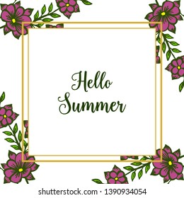 Vector illustration banner hello summer with elegant purple floral frame