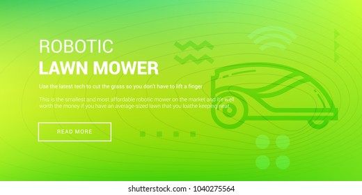 Vector Illustration Of Banner With Hi-tech Robotic Lawn Mower Icon On Green Background.