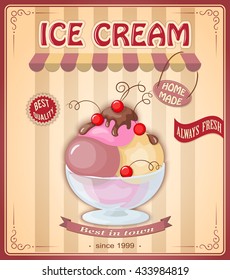 Vector illustration banner with home made current ice cream in the glass bowl and chokolate sauce on the vintage background. Text home made, always fresh, best quality, best in town. eps10