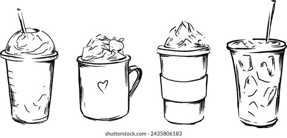 Vector illustration banner ice lattee coffee to go, smoothie, summer drinks, cool beverage, menu, outline