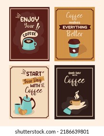 vector illustration of banner icon set, poster with cup of hot coffee and tea on pink background.
