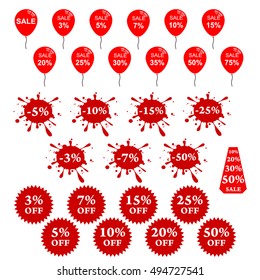 Vector illustration. Banner vector icon set red color on white background. Super Sale. special offer. 3D inflatable sharik, Blot spilled, mark, Many images. 3% 7% 10% 15% 20% 25% 30% 50% 75% off