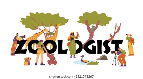 Ilustração vetorial de um banner com a inscrição zoólogo e vários personagens que observam animais na natureza. Ideal para cartazes educativos. Estilo de desenho animado plano. Plano de fundo isolado.