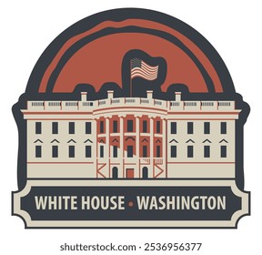 Banner de ilustração vetorial com inscrições e a imagem da Casa Branca dos EUA em Washington DC no fundo da bandeira americana em estilo retrô