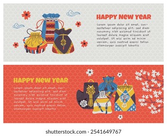 Vector illustration of banner with Korean lucky bags of different shapes and patterns. Gift traditional bag for lunar new year festival. Bokjumoni talisman. Flat cartoon style with space for text.