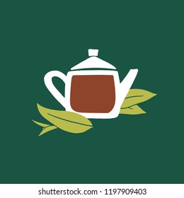 Vector illustration. Banner, label, poster or card with illustration of glass teapot with black puer tea inside. Graphic design template. Icon of black tea and tea leaves on dark green background