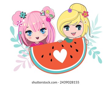 Vector illustration banner with little girls and watermelon. Concept rest, childhood, game, Kids camp