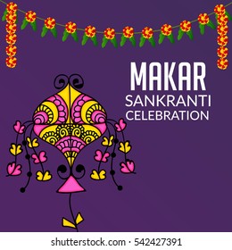 Vector illustration of a Banner For Makar Sankranti with Beautiful Text and Colorful Kite.