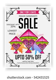 Vector illustration of a Banner For Makar Sankranti with Colorful Kites and Stylish Text.