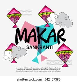 Vector illustration of a Banner For Makar Sankranti with Beautiful Text, Colorful Kites and Clouds.