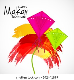 Imagen vectorial de un cartel para Makar Sankranti con cometas coloridas.