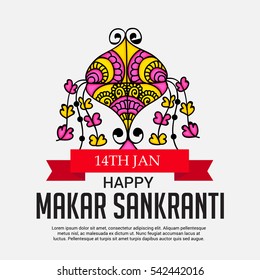 Vector illustration of a Banner For Makar Sankranti with Beautiful Text and Colorful Kite.