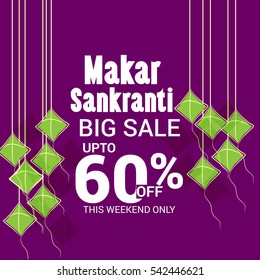 Vector illustration of a Banner For Makar Sankranti with Colorful Hanging Kites.