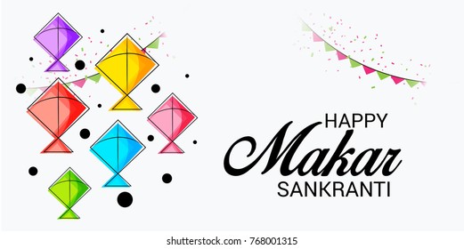Vector illustration of a Banner for Makar Sankranti Celebration with Colorful Kites.