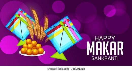 Imagen vectorial de un cartel para la celebración de Makar Sankranti con cometas coloridas.