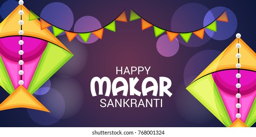 Vector illustration of a Banner for Makar Sankranti Celebration with Colorful Kites.