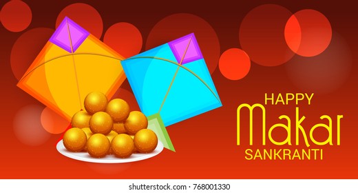 Vector illustration of a Banner for Makar Sankranti Celebration with Colorful Kites.