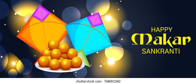 Vector illustration of a Banner for Makar Sankranti Celebration with Colorful Kites.