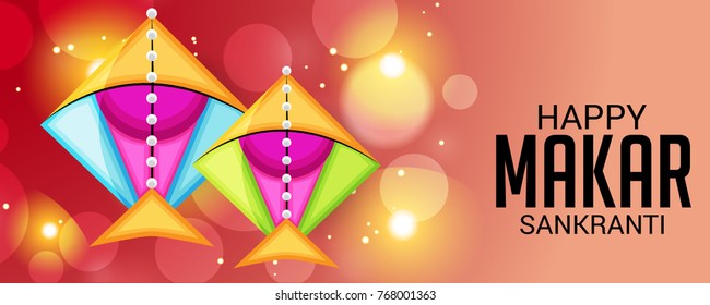 Vector illustration of a Banner for Makar Sankranti Celebration with Colorful Kites.