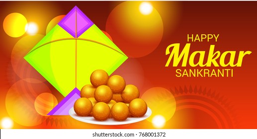 Vector illustration of a Banner for Makar Sankranti Celebration with Colorful Kites.