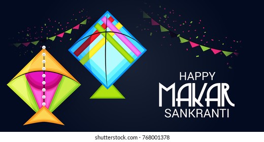 Vector illustration of a Banner for Makar Sankranti Celebration with Colorful Kites.
