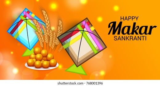 Vector illustration of a Banner for Makar Sankranti Celebration with Colorful Kites.