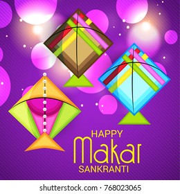 Vector illustration of a Banner for Makar Sankranti Celebration with Colorful Kites.