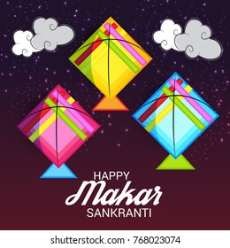 Vector illustration of a Banner for Makar Sankranti Celebration with Colorful Kites.