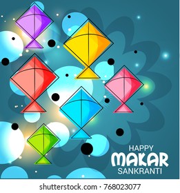 Vector illustration of a Banner for Makar Sankranti Celebration with Colorful Kites.