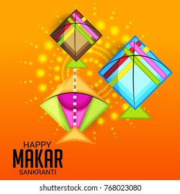 Vector illustration of a Banner for Makar Sankranti Celebration with Colorful Kites.
