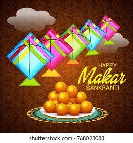 Vector illustration of a Banner for Makar Sankranti Celebration with Colorful Kites.