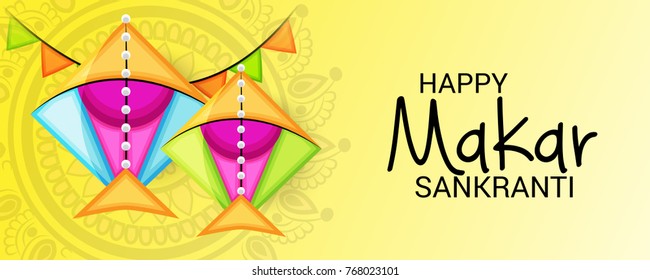 Vector illustration of a Banner for Makar Sankranti Celebration with Colorful Kites.
