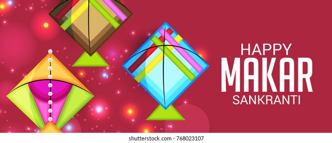 Vector illustration of a Banner for Makar Sankranti Celebration with Colorful Kites.
